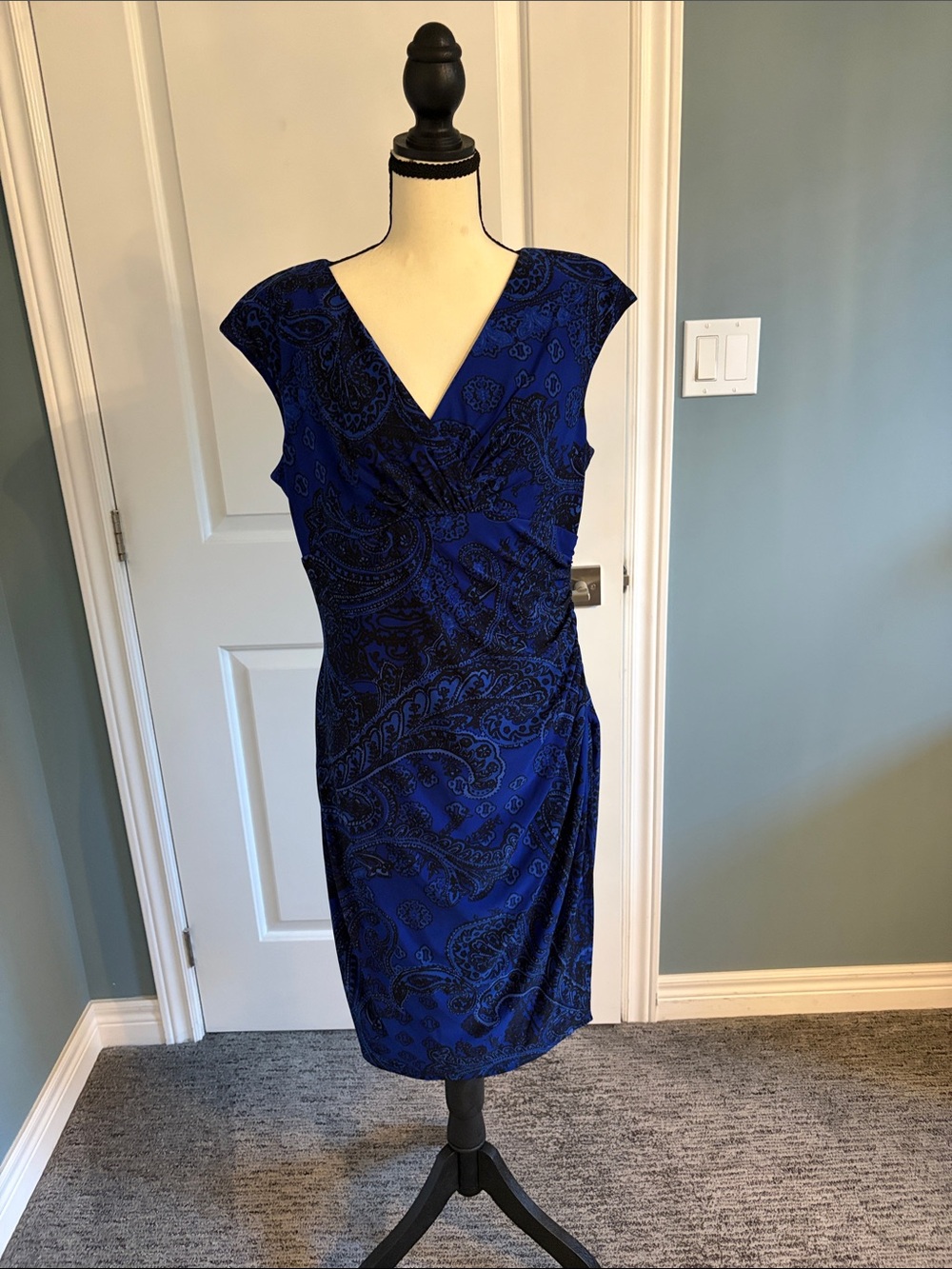 Ralph Lauren Blue Sheath Midi Dress Cowl Neck Cocktail